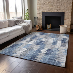 HomeRoots 9' X 12' Blue Ivory and Gray Geometric Area Rug - Washable, UV-Protected, Stylish & Durable Design 653127