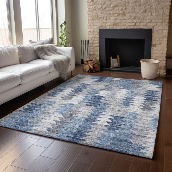 HomeRoots 9' X 12' Blue Ivory and Gray Geometric Area Rug - Washable, UV-Protected, Stylish & Durable Design 653127
