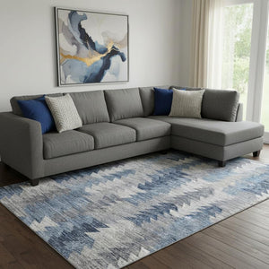 HomeRoots 9' X 12' Blue Ivory and Gray Geometric Area Rug - Washable, UV-Protected, Stylish & Durable Design 653127