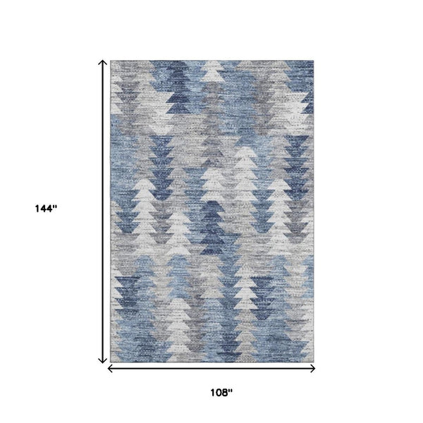 HomeRoots 9' X 12' Blue Ivory and Gray Geometric Area Rug - Washable, UV-Protected, Stylish & Durable Design 653127