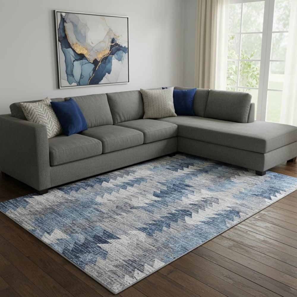 HomeRoots 10' X 14' Stylish Blue Ivory Gray Geometric Washable Area Rug with UV Protection for Modern Homes 653128