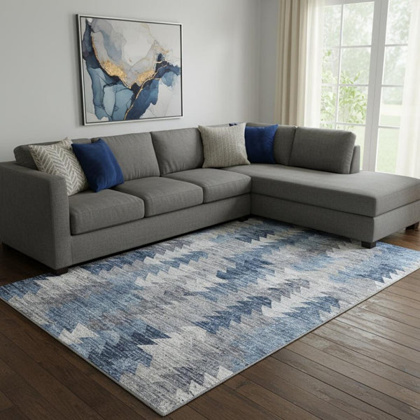 HomeRoots 10' X 14' Stylish Blue Ivory Gray Geometric Washable Area Rug with UV Protection for Modern Homes 653128