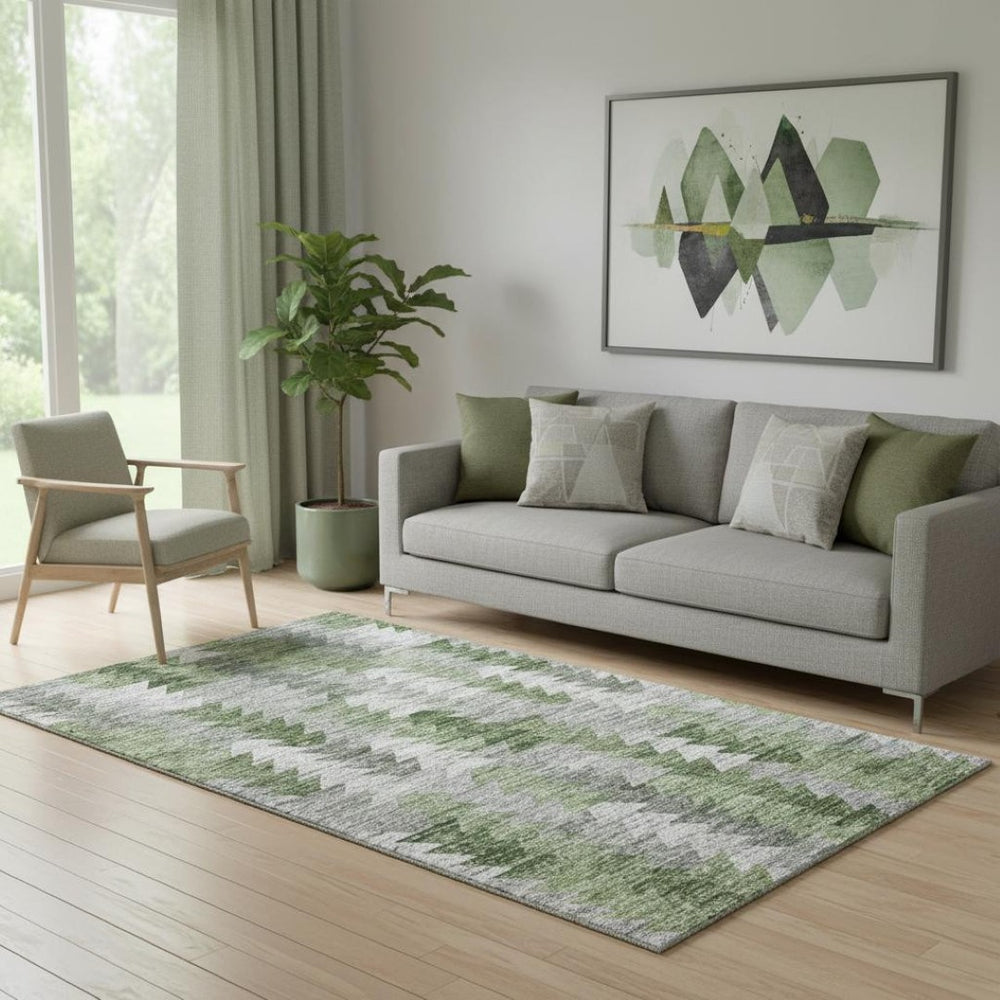 HomeRoots 5' X 8' Washable Geometric Area Rug in Green, Ivory & Gray - UV Protected, Pet-Friendly & Stylish 653130