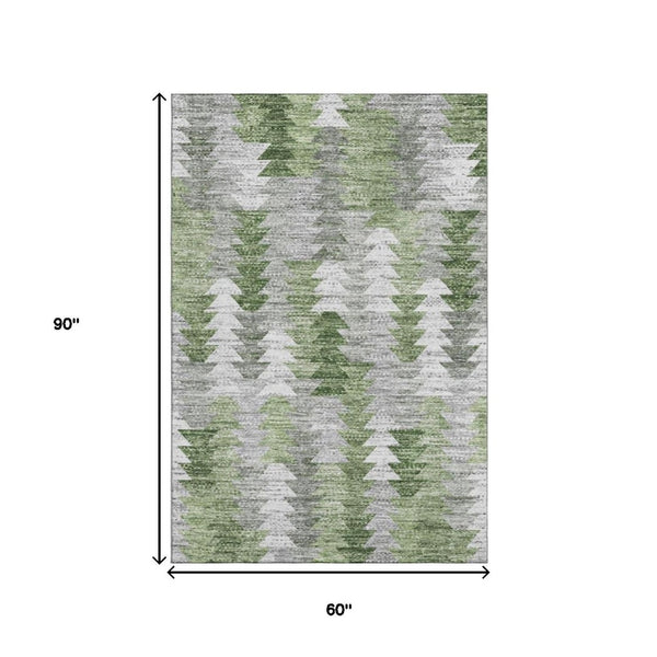 HomeRoots 5' X 8' Washable Geometric Area Rug in Green, Ivory & Gray - UV Protected, Pet-Friendly & Stylish 653130