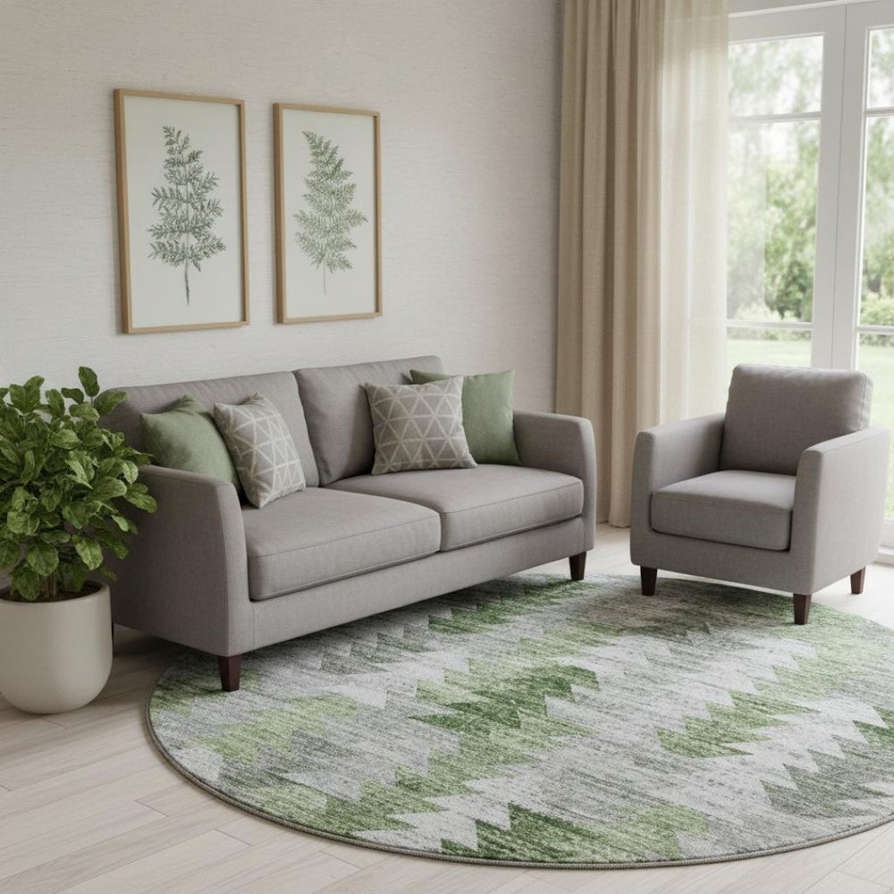 HomeRoots 8' Stylish Green Ivory and Gray Geometric Washable Round Rug with UV Protection for High Traffic Spaces 653131