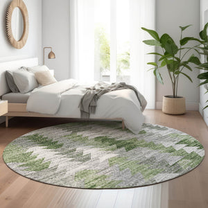 HomeRoots 8' Stylish Green Ivory and Gray Geometric Washable Round Rug with UV Protection for High Traffic Spaces 653131