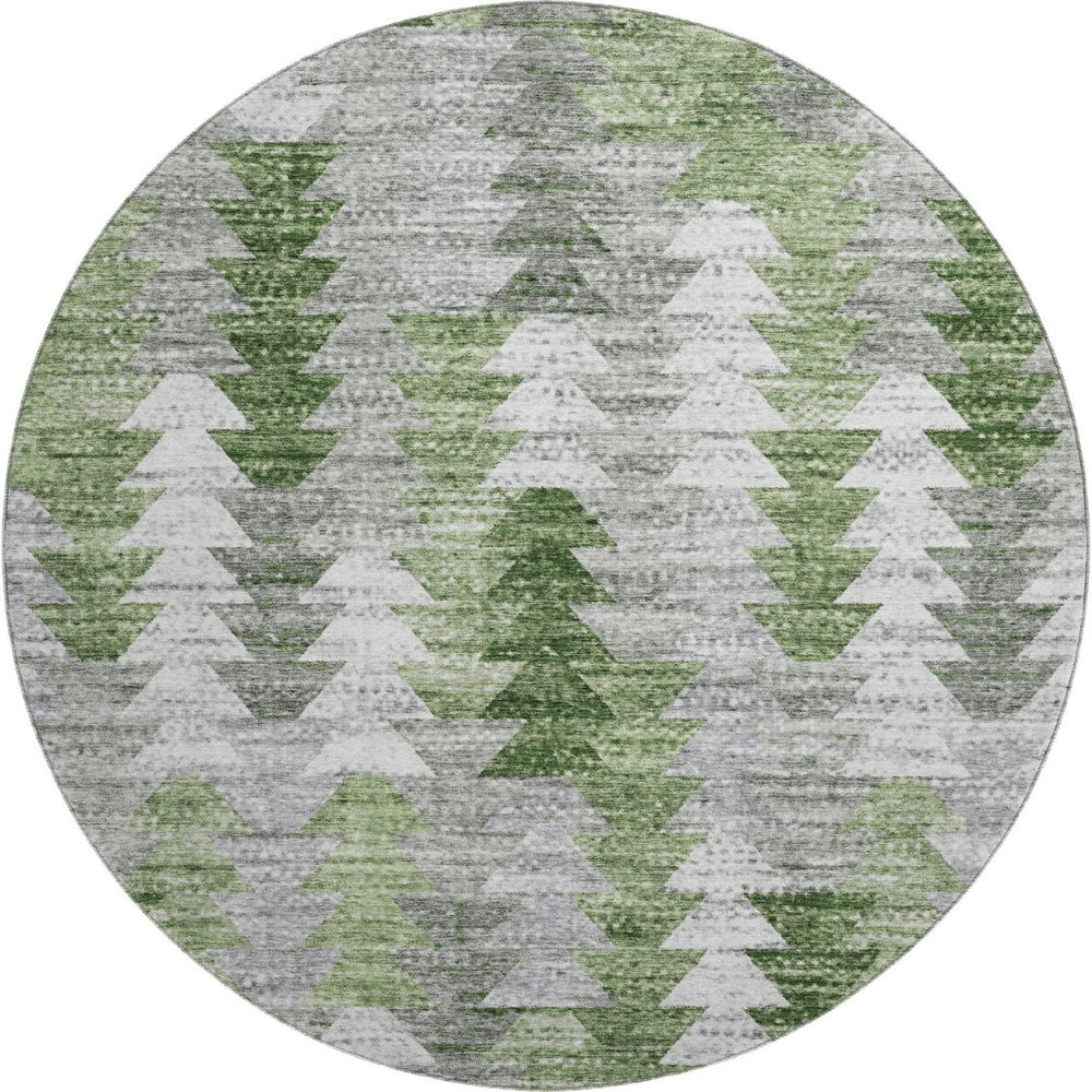 HomeRoots 8' Stylish Green Ivory and Gray Geometric Washable Round Rug with UV Protection for High Traffic Spaces 653131