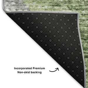 HomeRoots 8' Stylish Green Ivory and Gray Geometric Washable Round Rug with UV Protection for High Traffic Spaces 653131
