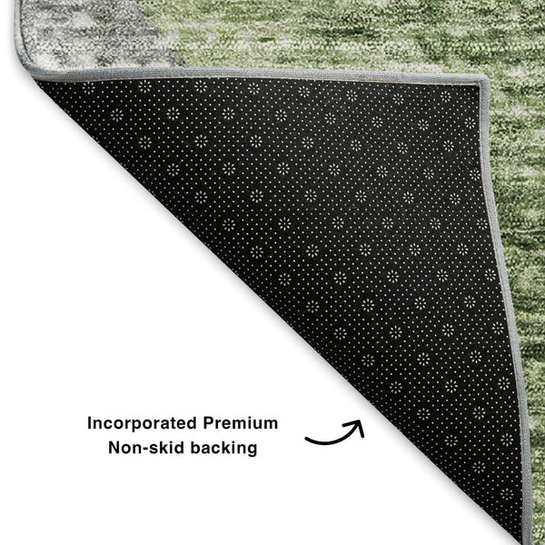 HomeRoots 8' Stylish Green Ivory and Gray Geometric Washable Round Rug with UV Protection for High Traffic Spaces 653131