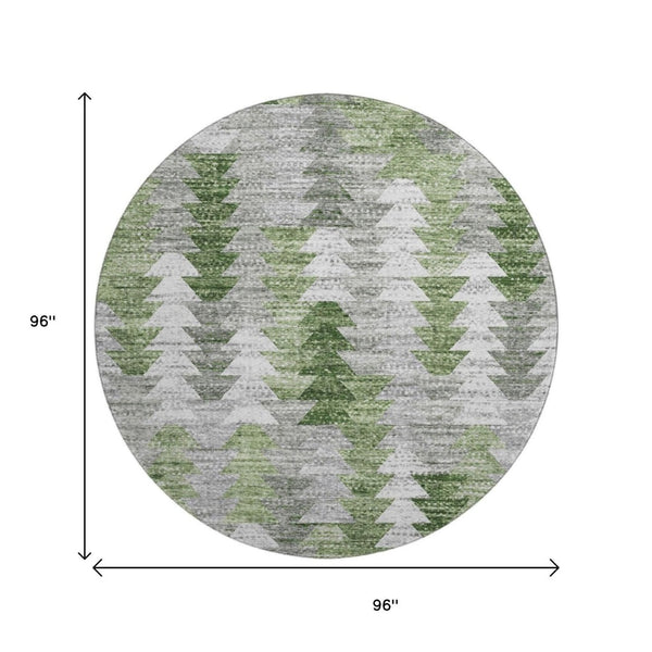 HomeRoots 8' Stylish Green Ivory and Gray Geometric Washable Round Rug with UV Protection for High Traffic Spaces 653131