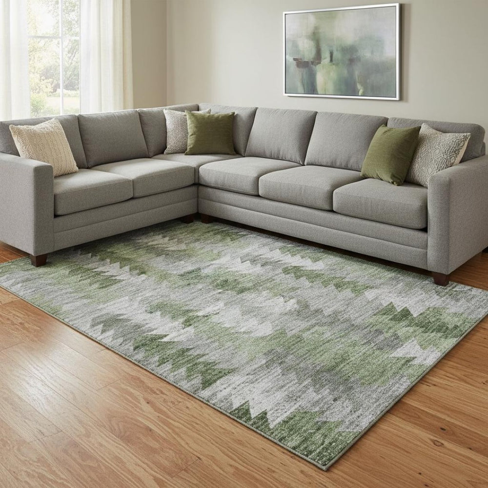 HomeRoots 8' X 10' Stylish Green, Ivory & Gray Geometric Washable Area Rug with UV Protection for Homes 653132