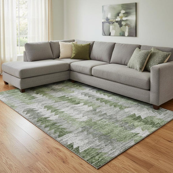 HomeRoots 9' X 12' Geometric Area Rug in Green, Ivory & Gray – Washable, UV-Protected & Stain-Resistant! 653133