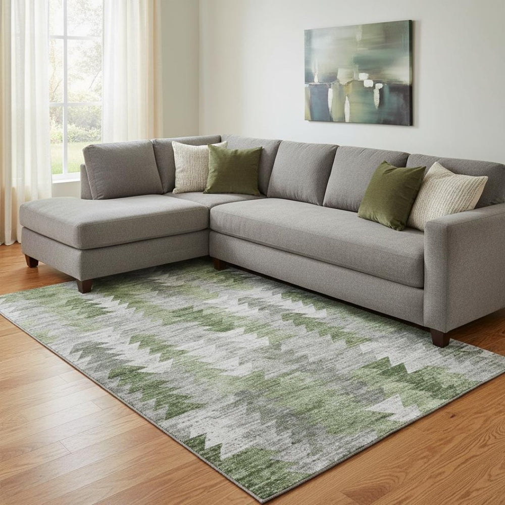 HomeRoots 10' X 14' Geometric Washable Area Rug in Green, Ivory & Gray – Durable, UV-Protected Design for Homes 653134