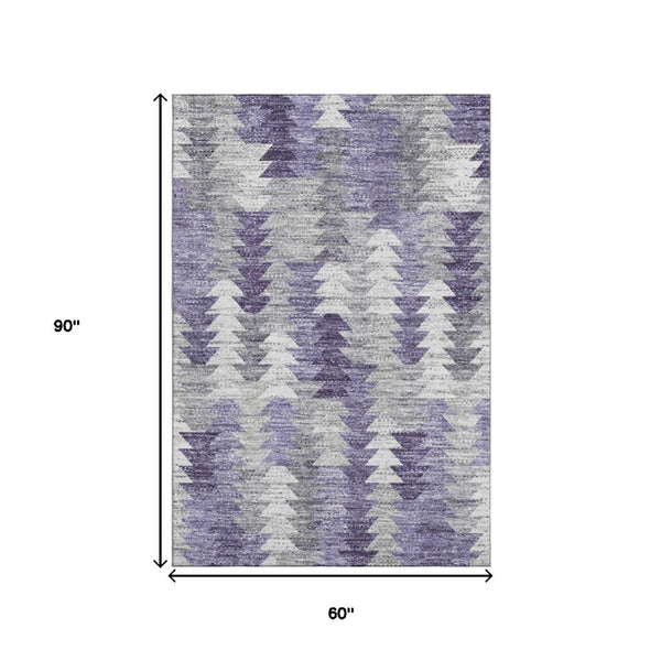 HomeRoots 5' X 8' Washable Purple, Ivory & Gray Geometric Area Rug - UV Protected, Durable & Easy-Care Design 653136