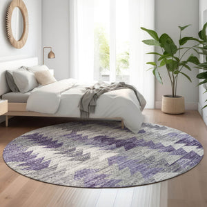 HomeRoots 8' Modern Purple Ivory Gray Geometric Washable Round Rug with UV Protection for Stylish Spaces 653137