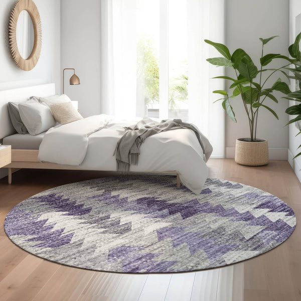 HomeRoots 8' Modern Purple Ivory Gray Geometric Washable Round Rug with UV Protection for Stylish Spaces 653137