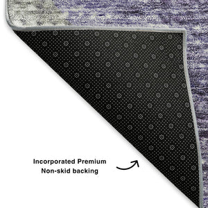 HomeRoots 8' Modern Purple Ivory Gray Geometric Washable Round Rug with UV Protection for Stylish Spaces 653137