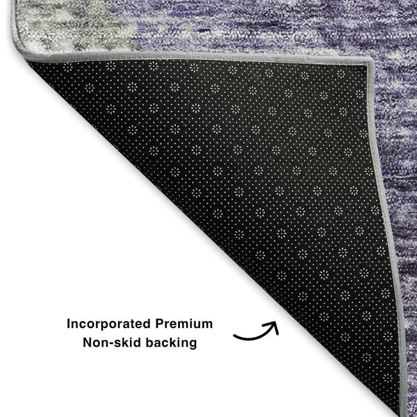 HomeRoots 8' Modern Purple Ivory Gray Geometric Washable Round Rug with UV Protection for Stylish Spaces 653137