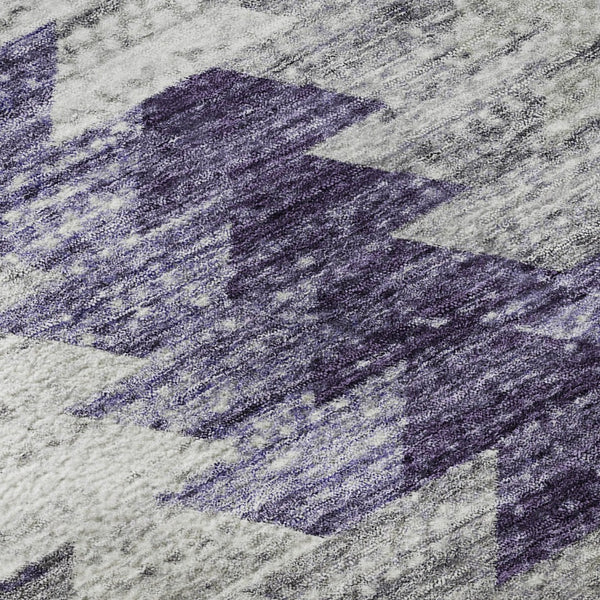 HomeRoots 8' Modern Purple Ivory Gray Geometric Washable Round Rug with UV Protection for Stylish Spaces 653137