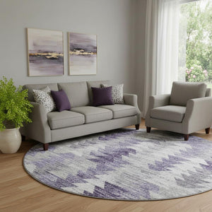 HomeRoots 8' Modern Purple Ivory Gray Geometric Washable Round Rug with UV Protection for Stylish Spaces 653137