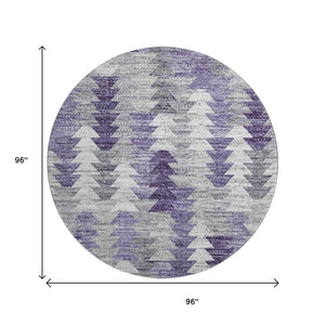 HomeRoots 8' Modern Purple Ivory Gray Geometric Washable Round Rug with UV Protection for Stylish Spaces 653137