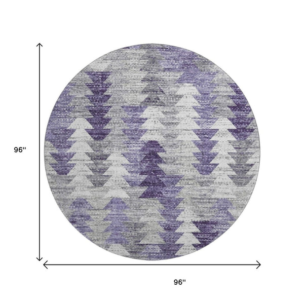 HomeRoots 8' Modern Purple Ivory Gray Geometric Washable Round Rug with UV Protection for Stylish Spaces 653137