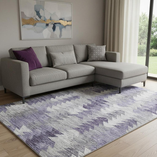 HomeRoots 8' X 10' Washable Purple, Ivory & Gray Geometric Area Rug with UV Protection for Active Homes 653138