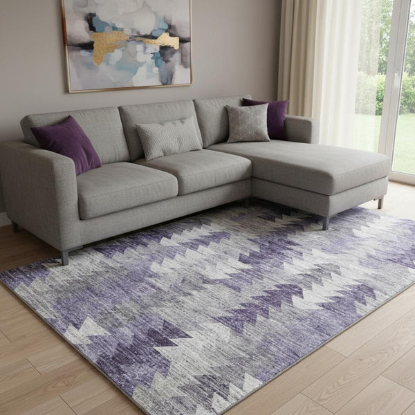 HomeRoots 9' X 12' Modern Geometric Washable Area Rug in Purple, Ivory & Gray – UV Protected & Durable Design 653139