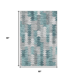 HomeRoots 5' X 8' Modern Teal Ivory Gray Geometric Area Rug – Washable, UV-Protected, Durable Design for Homes 653142