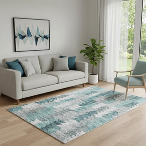HomeRoots 5' X 8' Modern Teal Ivory Gray Geometric Area Rug – Washable, UV-Protected, Durable Design for Homes 653142