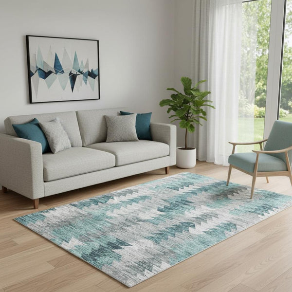 HomeRoots 5' X 8' Modern Teal Ivory Gray Geometric Area Rug – Washable, UV-Protected, Durable Design for Homes 653142