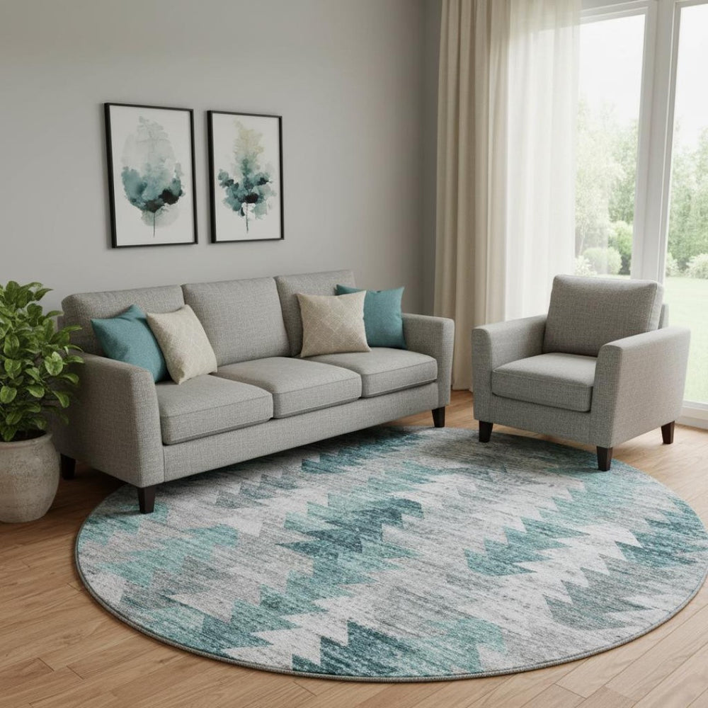 HomeRoots 8' Teal Ivory and Gray Geometric Round Rug - Washable, UV-Resistant, Durable for Kids & Pets! 653143