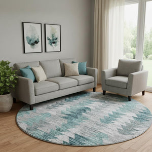 HomeRoots 8' Teal Ivory and Gray Geometric Round Rug - Washable, UV-Resistant, Durable for Kids & Pets! 653143