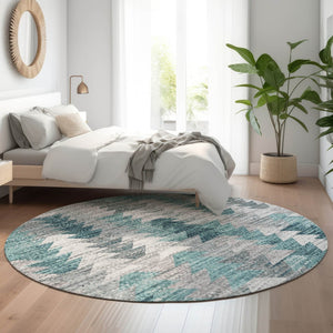 HomeRoots 8' Teal Ivory and Gray Geometric Round Rug - Washable, UV-Resistant, Durable for Kids & Pets! 653143