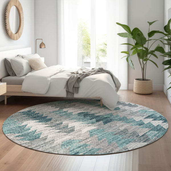 HomeRoots 8' Teal Ivory and Gray Geometric Round Rug - Washable, UV-Resistant, Durable for Kids & Pets! 653143