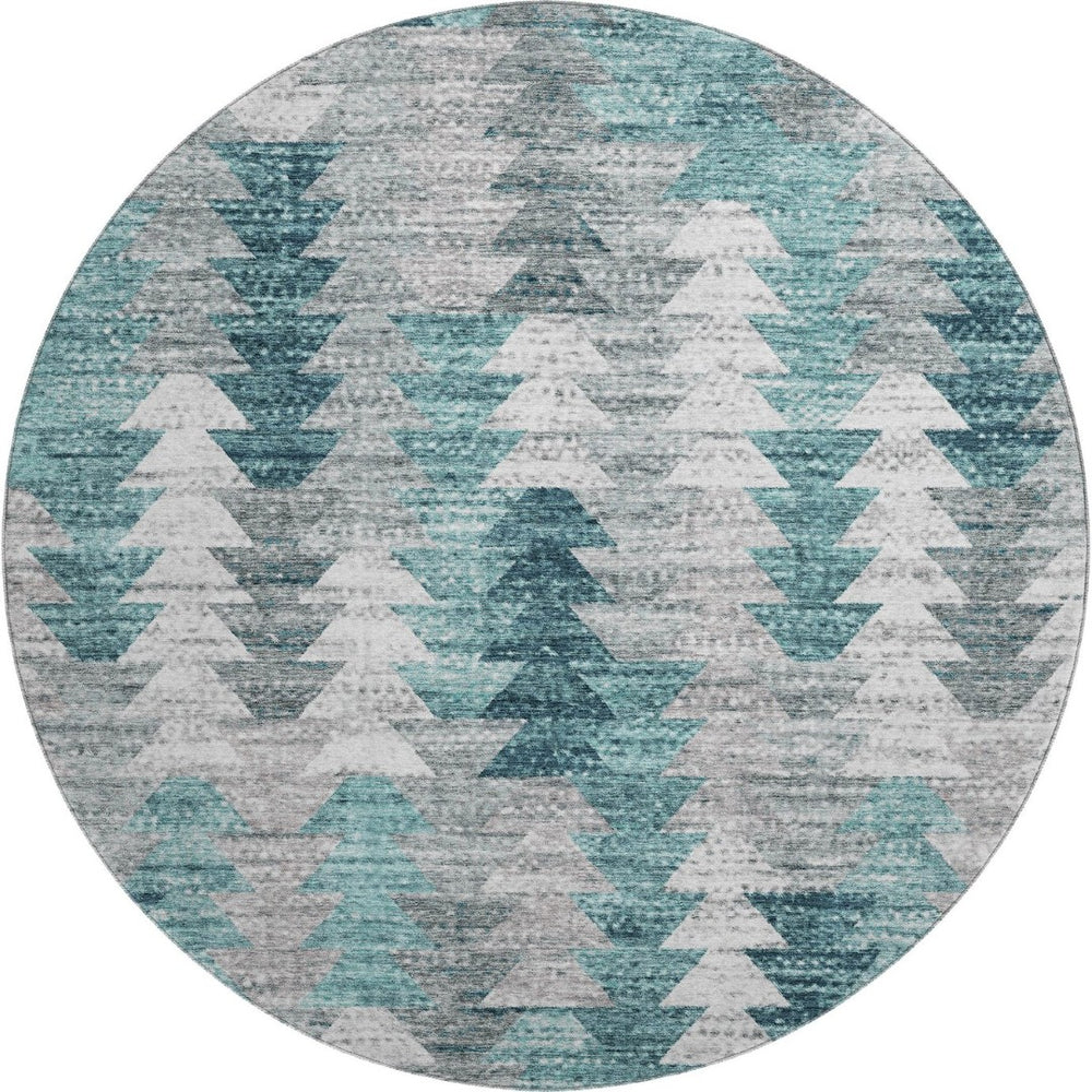 HomeRoots 8' Teal Ivory and Gray Geometric Round Rug - Washable, UV-Resistant, Durable for Kids & Pets! 653143
