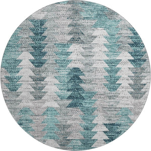 HomeRoots 8' Teal Ivory and Gray Geometric Round Rug - Washable, UV-Resistant, Durable for Kids & Pets! 653143