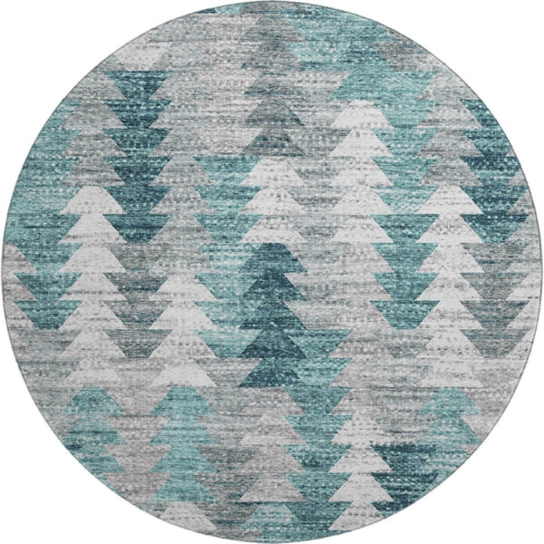 HomeRoots 8' Teal Ivory and Gray Geometric Round Rug - Washable, UV-Resistant, Durable for Kids & Pets! 653143