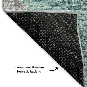 HomeRoots 8' Teal Ivory and Gray Geometric Round Rug - Washable, UV-Resistant, Durable for Kids & Pets! 653143