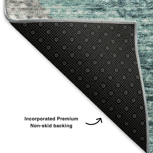HomeRoots 8' Teal Ivory and Gray Geometric Round Rug - Washable, UV-Resistant, Durable for Kids & Pets! 653143