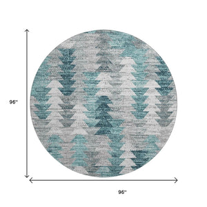 HomeRoots 8' Teal Ivory and Gray Geometric Round Rug - Washable, UV-Resistant, Durable for Kids & Pets! 653143