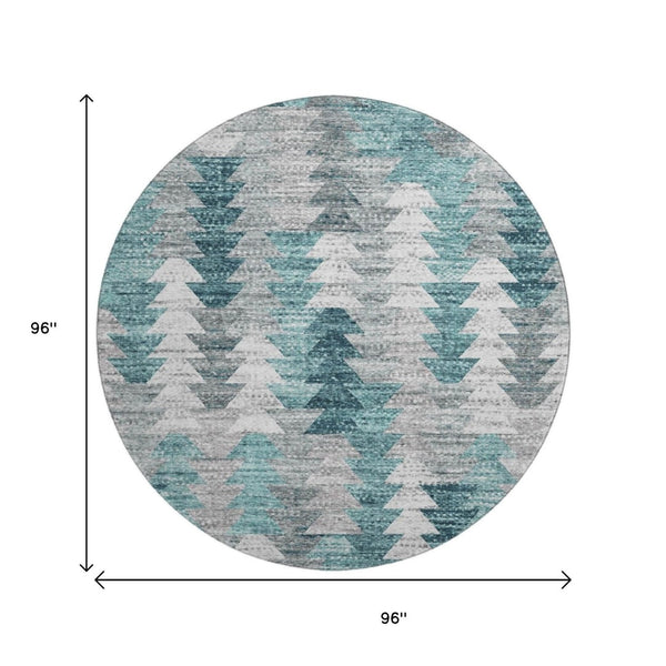 HomeRoots 8' Teal Ivory and Gray Geometric Round Rug - Washable, UV-Resistant, Durable for Kids & Pets! 653143