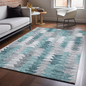 HomeRoots 8' X 10' Teal Ivory Gray Geometric Washable Area Rug - Durable, Stylish, UV Protected for Busy Homes 653144