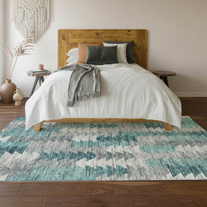 HomeRoots 8' X 10' Teal Ivory Gray Geometric Washable Area Rug - Durable, Stylish, UV Protected for Busy Homes 653144