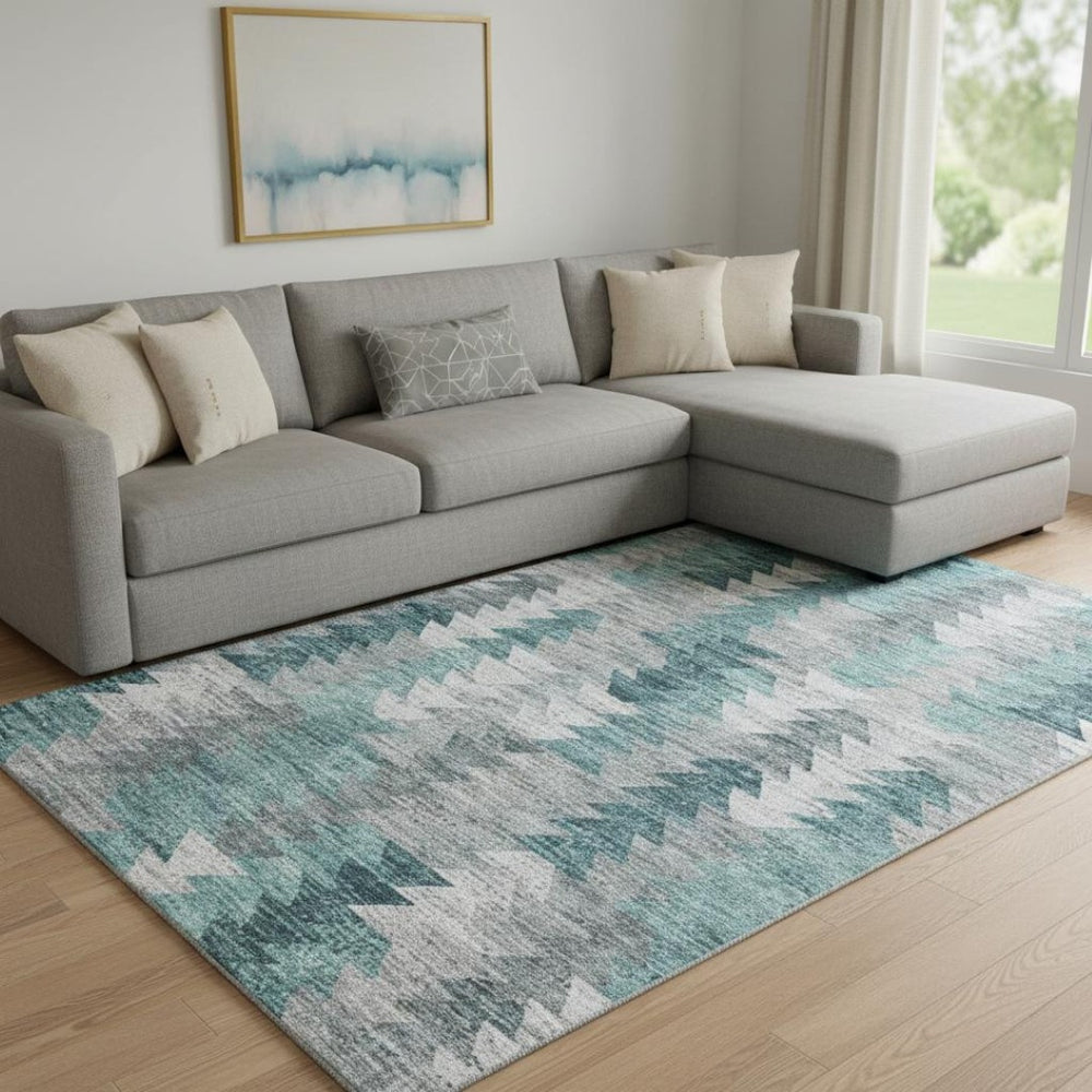 HomeRoots 8' X 10' Teal Ivory Gray Geometric Washable Area Rug - Durable, Stylish, UV Protected for Busy Homes 653144