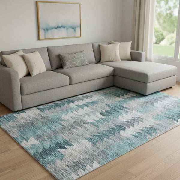 HomeRoots 8' X 10' Teal Ivory Gray Geometric Washable Area Rug - Durable, Stylish, UV Protected for Busy Homes 653144