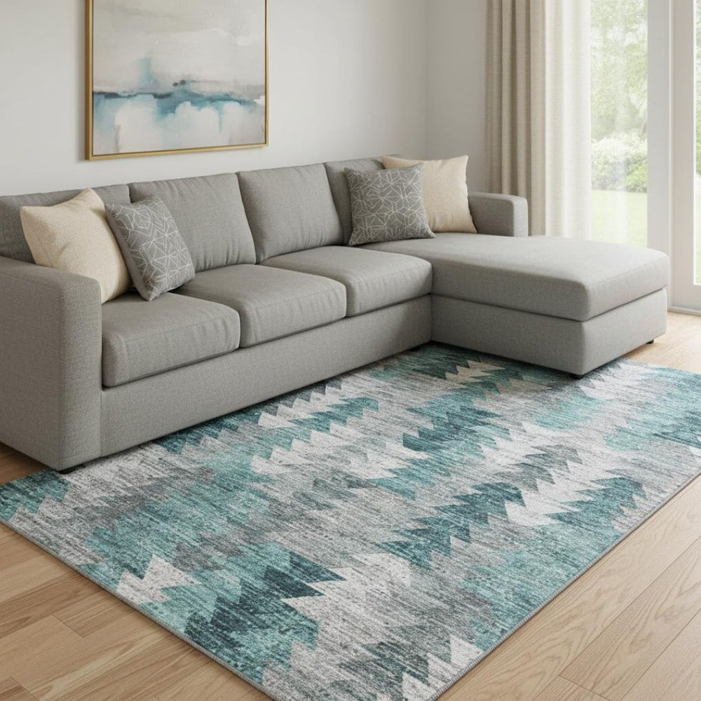 HomeRoots 9' X 12' Teal Ivory Gray Geometric Area Rug – Washable, Durable, UV-Protected for Family Spaces 653145