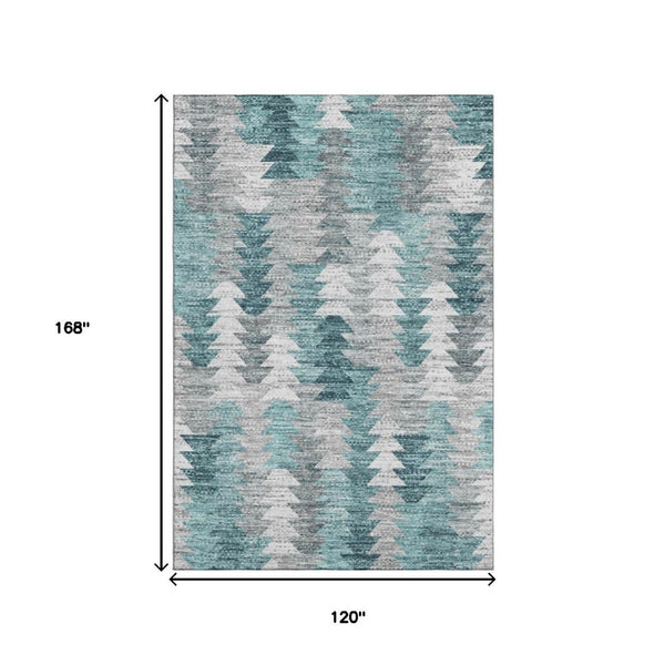 HomeRoots 10' X 14' Modern Teal Ivory Gray Geometric Washable Area Rug with UV Protection for High Traffic Spaces 653146