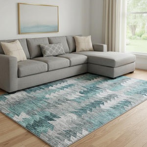 HomeRoots 10' X 14' Modern Teal Ivory Gray Geometric Washable Area Rug with UV Protection for High Traffic Spaces 653146