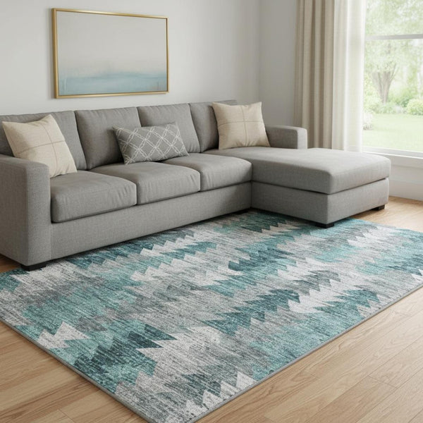 HomeRoots 10' X 14' Modern Teal Ivory Gray Geometric Washable Area Rug with UV Protection for High Traffic Spaces 653146